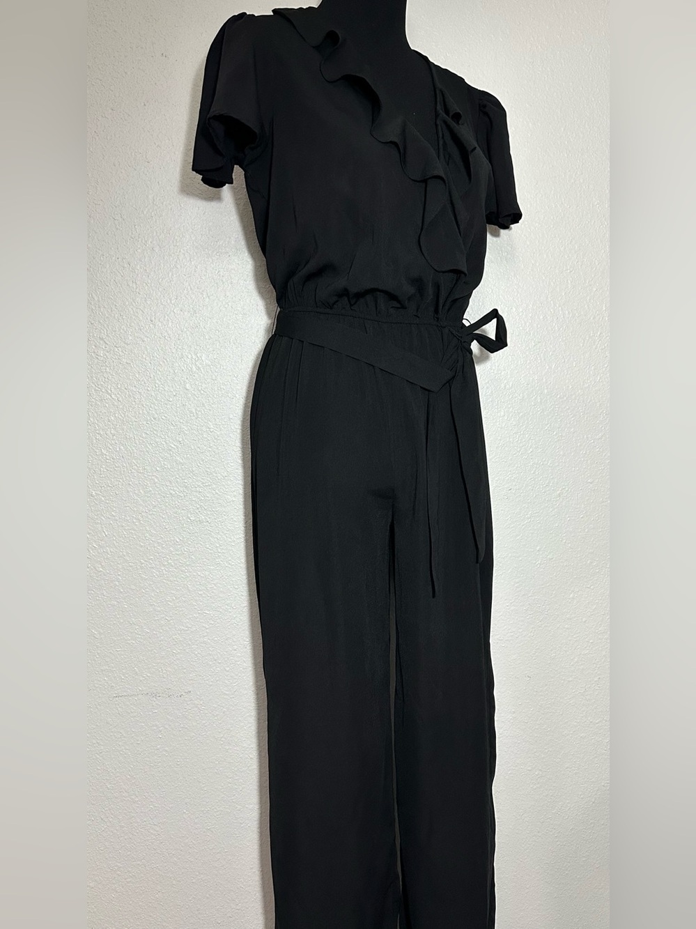 Jumpsuit Black Maxi Dress with Ruffle V-Neck